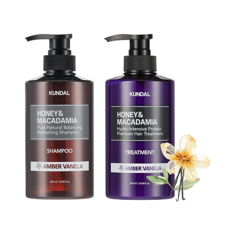 Kundal Amber Vanilla Honey & Macadamia Shampoo and Conditioner Set 500ml Each Long-Lasting Fragrance Hair Care