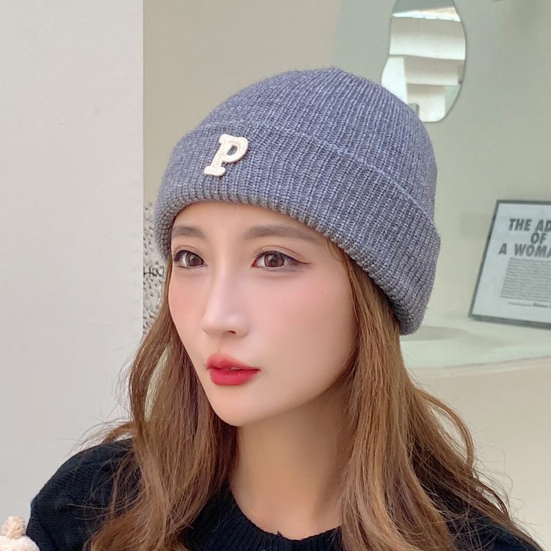 Winter Knitted Hat for Women Warm Pullover Hat P Shaped Bag Head Trendy Face Small Korean Version Wool Hat Men