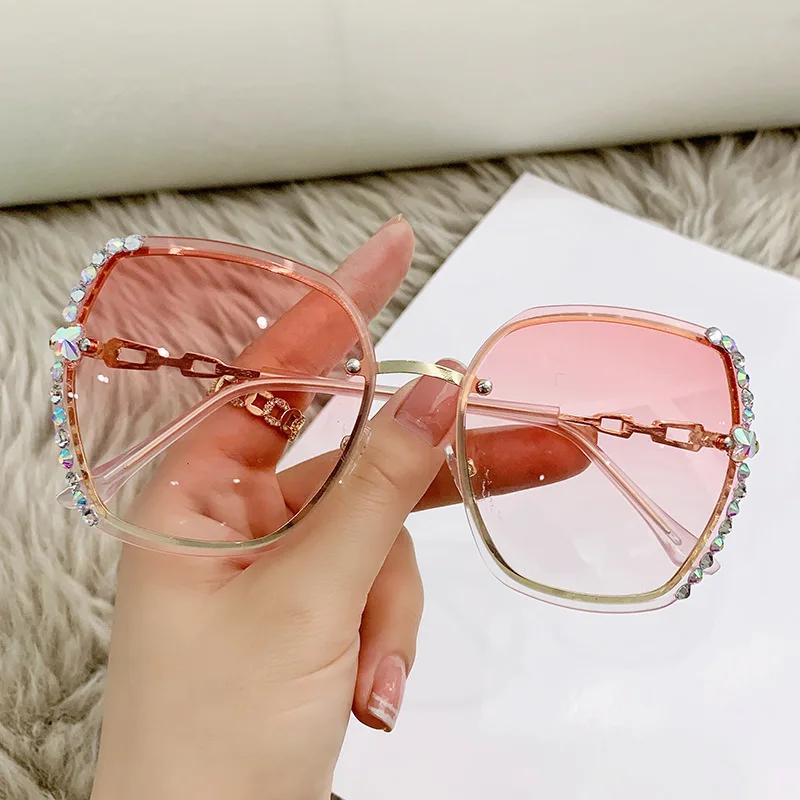 Rhinestone Decor Rimless Sunglasses for Women  Casual vintage Gradient Glasses for Summer Beach Party UV400