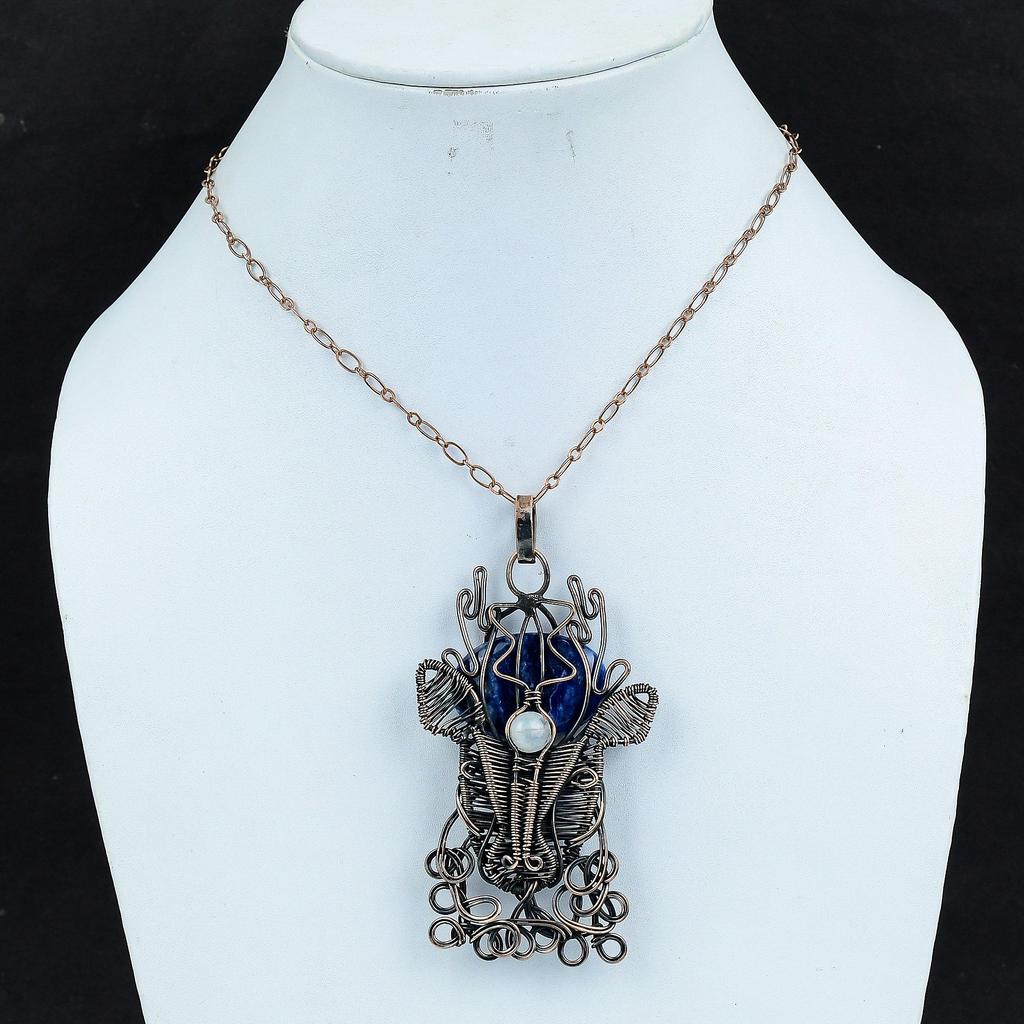 Sodalite Pendant Copper Wire Wrapped Rainbow Moonstone Pendant Wire Wrap Gemstone Jewelry Handmade Deer Face Pendant Copper Jewelry For Gift