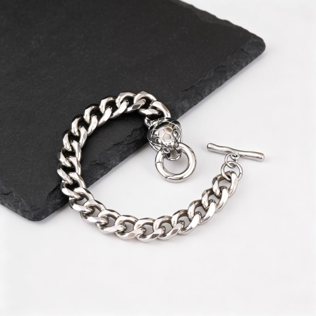 Rock Punk Men's Snake Head Chain Bracelet,11MM Stainless Steel Thick Chain Wristband,Birthday Party Gift for Him