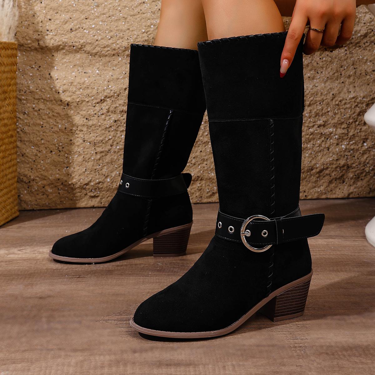 

Fashion Retro Suede Black Western Cowboy Boots Women 2025 Winter Pointed Toe Thick Heel Long Boots Metal Belt Buckle High Heel Shoes 42 42 чёрный