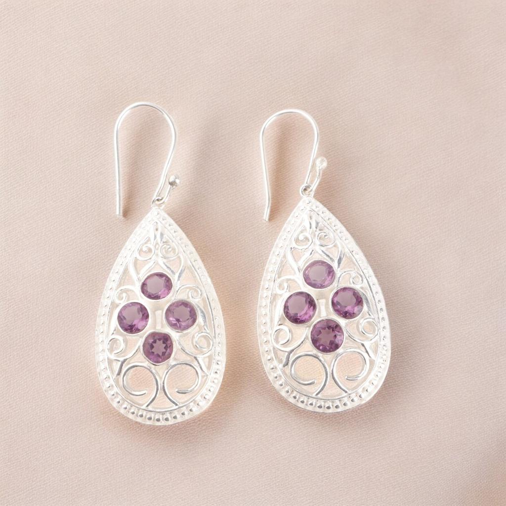 Natural Amethyst Gemstone 925 Sterling Silver Handcrafted Jewelry Earrings 2.25" CE-17-1