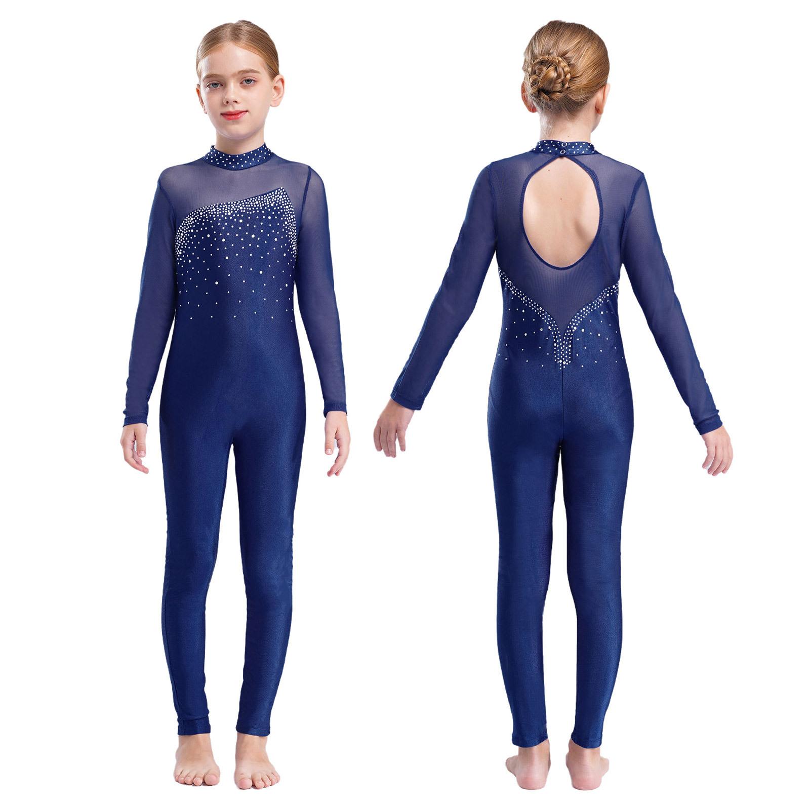 

Детская стильная одежда для девочек, комбинезон для катания на коньках с длинными рукавами и круглым воротником, украшенный блестящими стразами и открытой спиной 5-6 Years темно-синий