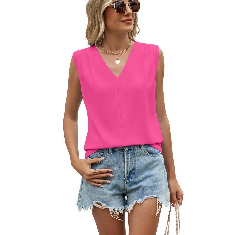 Summer Chiffon Shirt Women Loose V Neck Pleated Sleeveless Top Vest Solid Color Loose Blouse