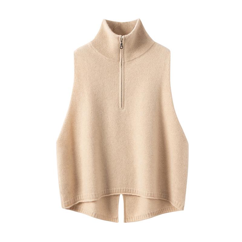 Women's High Neck Cashmere Knit Vest, Half Zip & Sleeveless, Versatile Autumn/Winter Sweater, Cardigan, Shawl Cape.