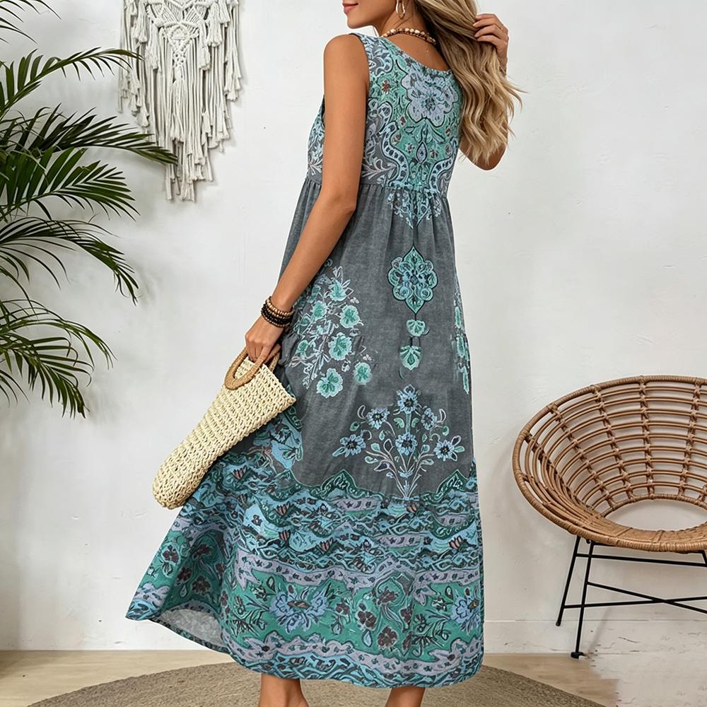 Women's Vintage Boho Floral Print Sleeveless Tiered Midi Dress, Casual Loose Swing Dress for Summer Vacation