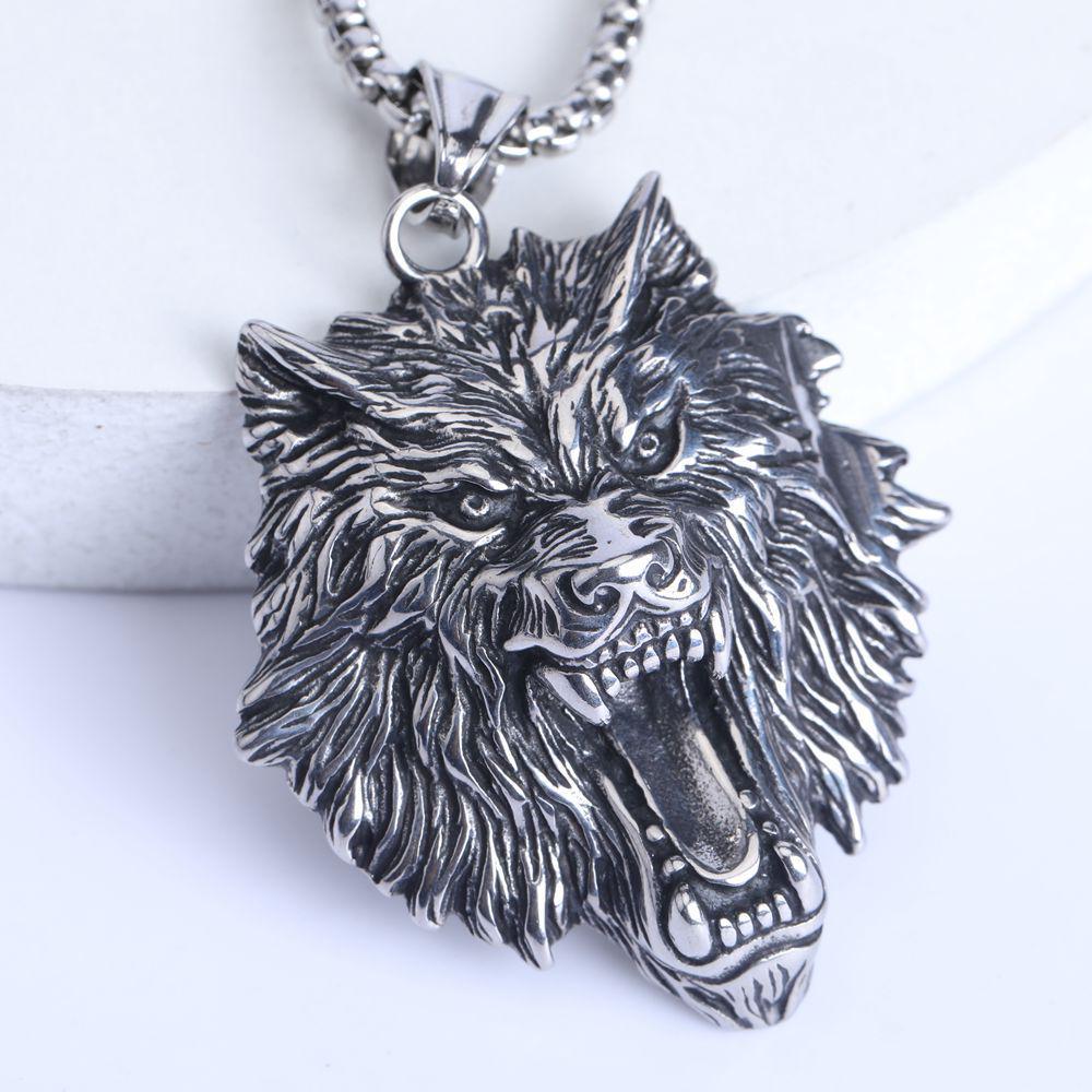 2023 Retro Punk Rock Wolf Head Pendant Necklace for Men - Titanium Steel and Alloy