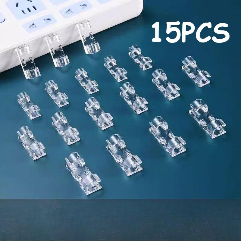 

15pcs Transparent Adhesive Cable Clamps - Wire Organizers for Wall & Under Desk Management, Durable Plastic Cord Holders