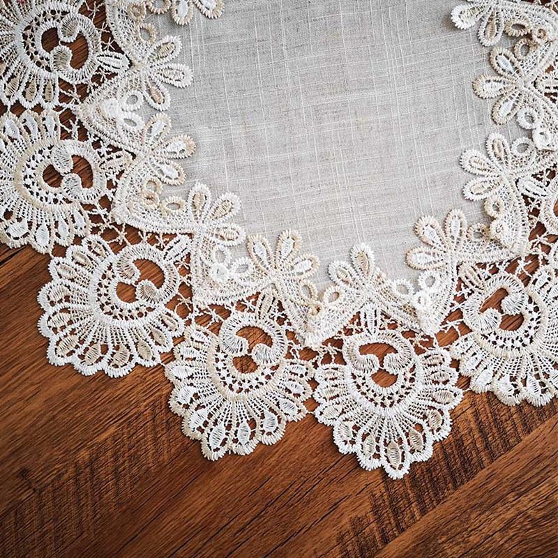 American Style modern beige linen lace embroidered edge round small tablecloth Coaster tea set vase scratch-proof table surface mat