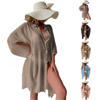 Camisa de Algodão Feminina Cardigã Solto de Praia Cobertura de Biquíni para Férias Proteção Solar Cardigã Externo