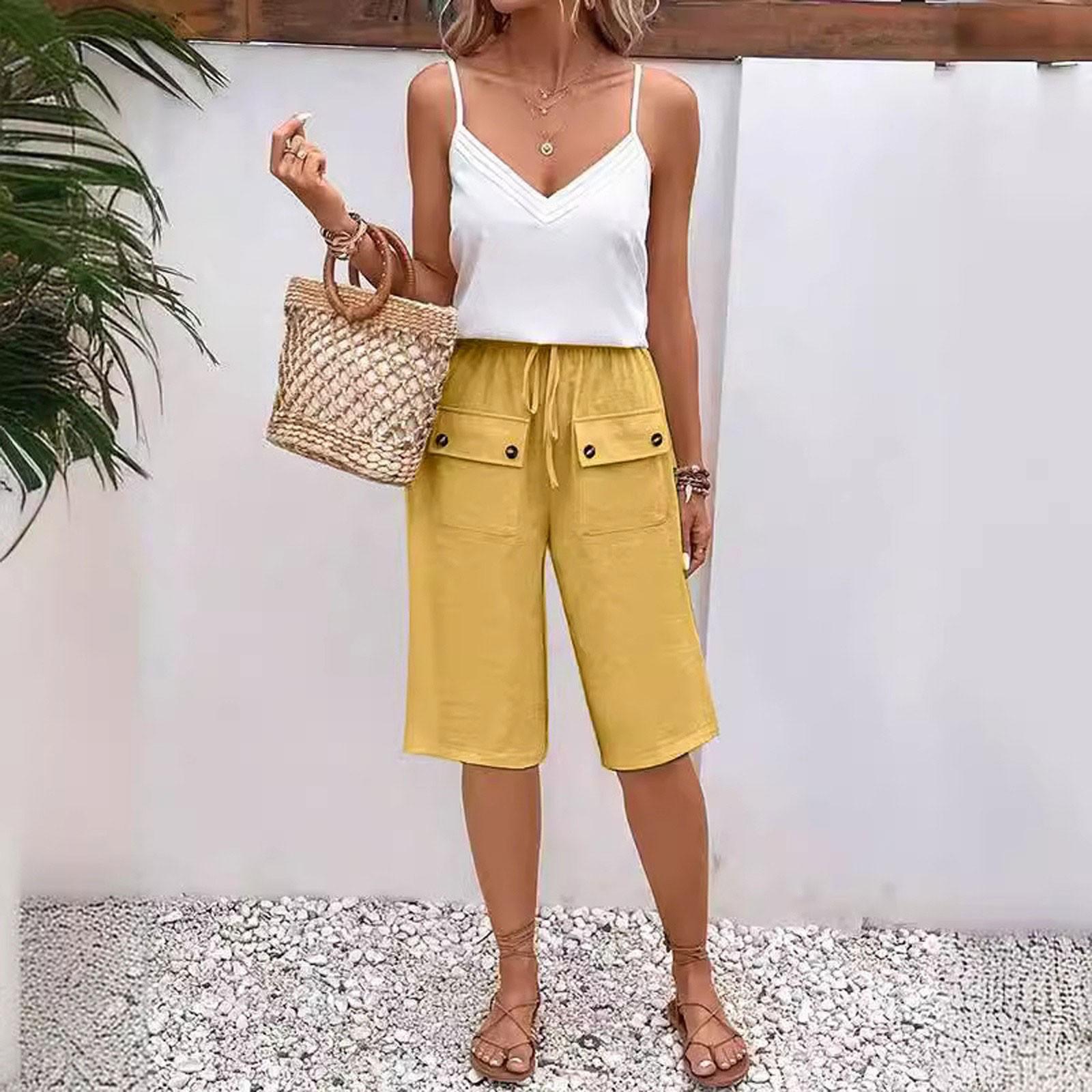 

Женская мода в полоску с принтом и эластичной резинкой на талии, повседневные брюки с пятью точками и карманами XL жёлтый