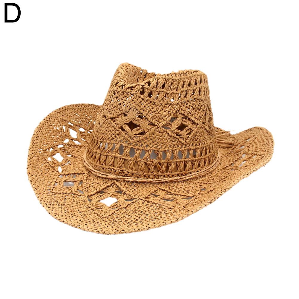 Hand-woven Western Cowboy Straw Hats Summer Outdoor Men Women Wide Brim Breathable Beach Jazz Cap Sun Protection Hat