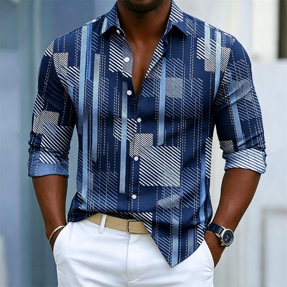 Men's Long Sleeve Shirt Casual Geometric Stripe Print Lapel Collar Daily Vacation Business Fashion Slim Fit Mens Dress Shirts