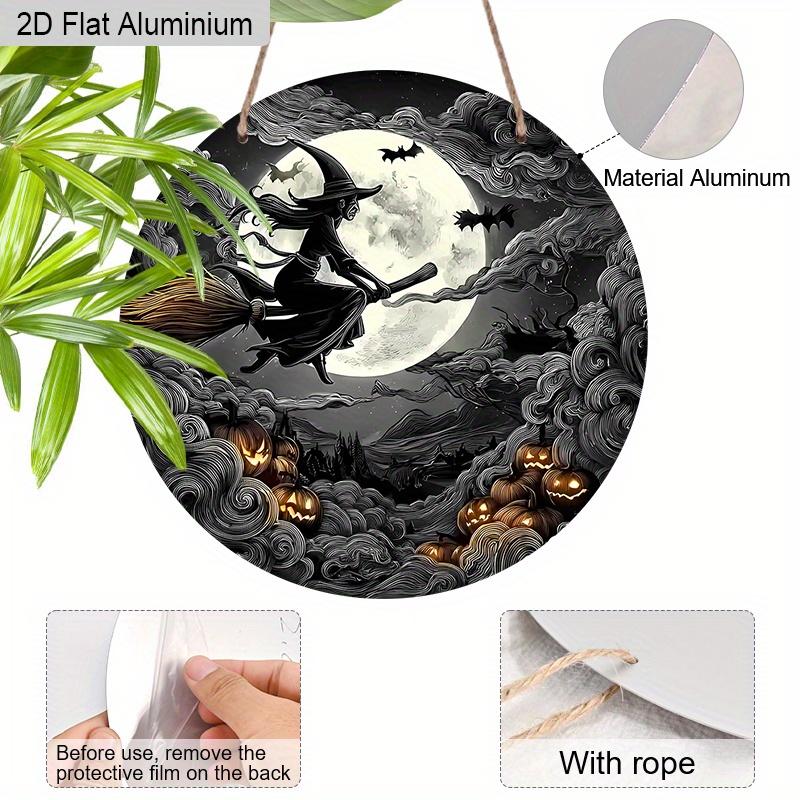 2D Flat Aluminium Halloween Sign with Flying Demon Witch Pattern - Halloween Figurine Ornaments - Ideal for Front Door, Wall, Porch, Window Decor