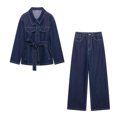 Spring-Summer Women's Belted Lapel Denim Jacket with Wide-Leg Pants