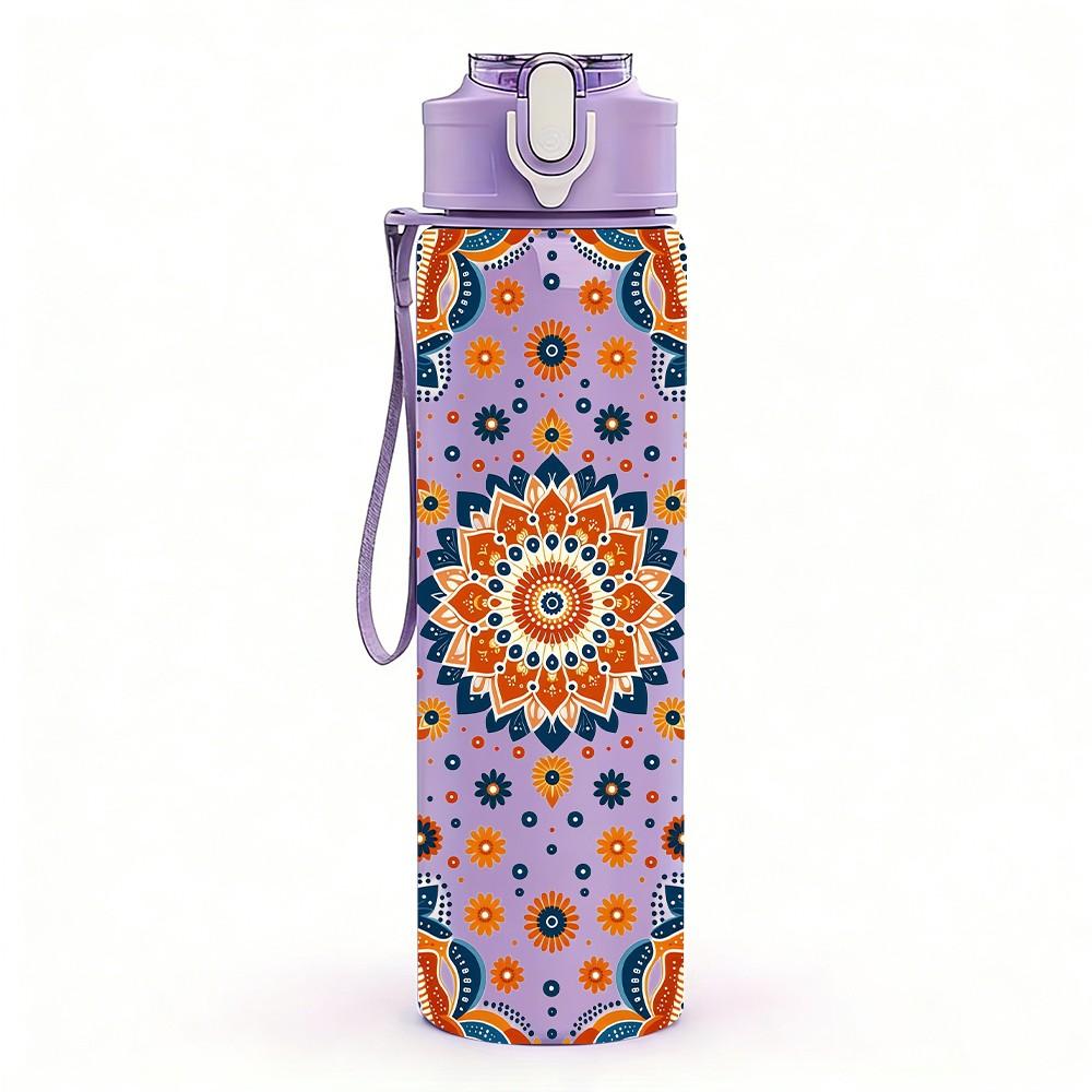 1PC Vintage Tile Bohemian Pattern Print 750ml Color Plastic Sports Water Bottle Leakproof Flip Straw Lid Suitable for Sports Office Home Use