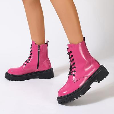 2024 Pink Ankle Boots Woman Patent Leather Platform Motorcycle Boots Woman Plus Size Lace Up Shoes Thick Heels Zipper Short Booties