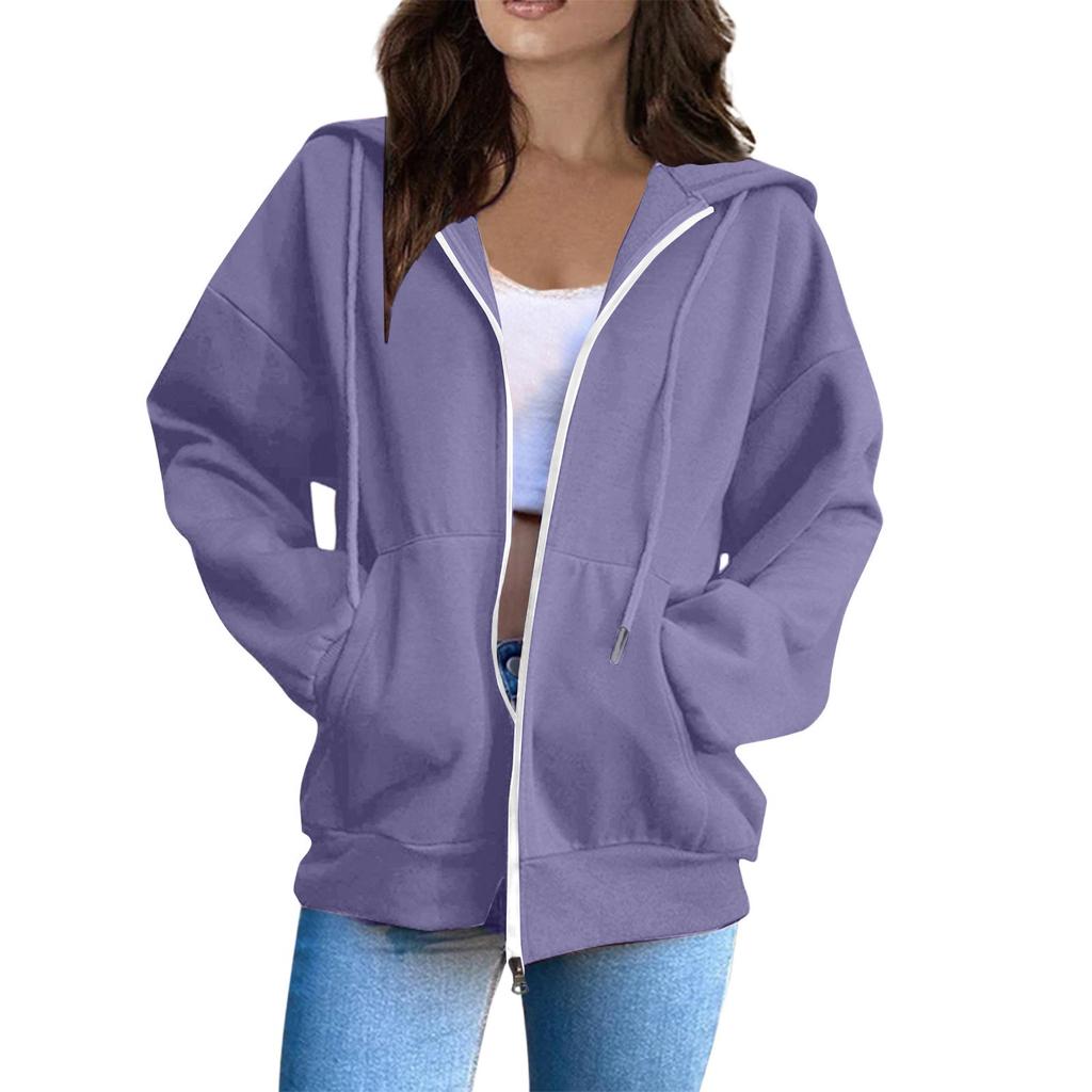 Women's Oversized Zip Up Hoodie Jacket with Pockets, Casual Long Sleeve Drawstring Hooded Sweatshirt for Fall Winter