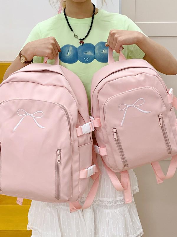 Japanese & Korean Style Cute School Backpack with Bow - Versatile for Middle & High School Students, Casual & Simple Solid Color Design