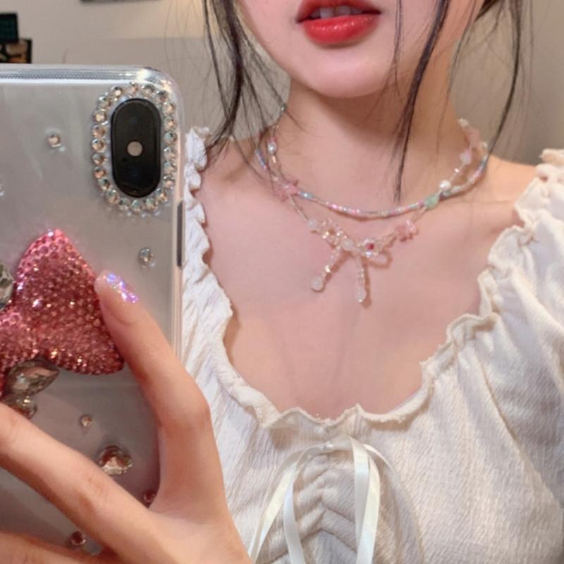 Bowknot Beaded Choker Colorful Beaded Necklaces Bowknot Necklace Artificial Crystal Material Gift for Girls Children