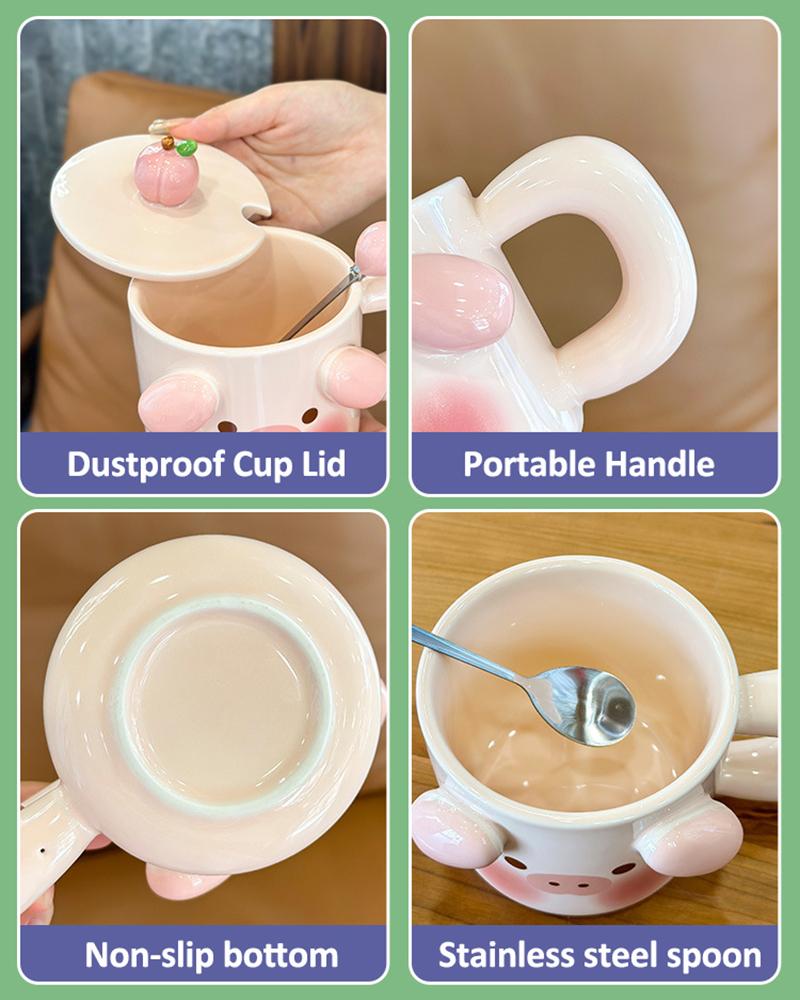Kawaii Big Ears Ceramic Mug with Lid and Spoon, Household Water Cup, Cartoon, Cute Girl Breakfast, Milk, Coffee Mugs, Personalit