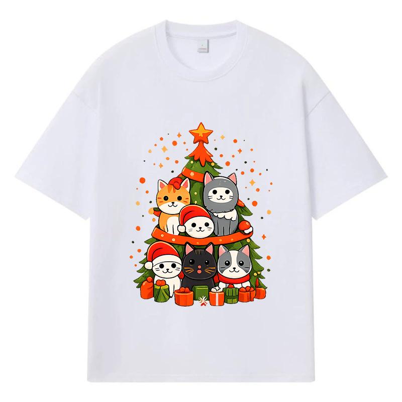 2026 Christmas Tree with Cats Printed Graphic Y2k Harajuku Streetwear 100% Cotton T Shirt Casual Oversized Summer Men T-shirt S