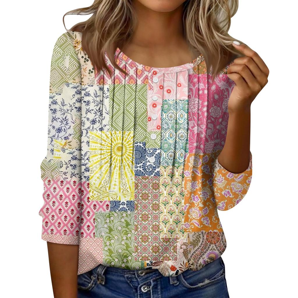Women's Round Neck Pull Stripe Decorative Button Top Casual Solid Color 3/4 Sleeve T Shirt