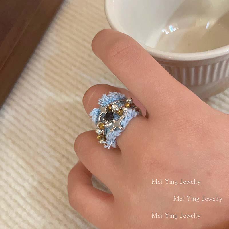 Blue denim woolen star winding beaded ring 2023 new fashion high-end Internet celebrity versatile opening ring