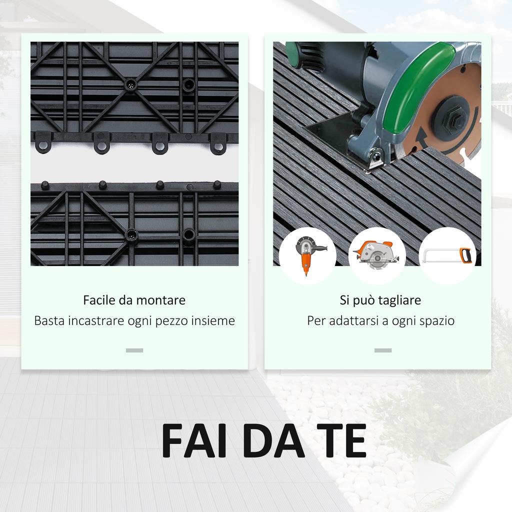 Set of 11 Interlocking Anti-Slip Outdoor Tiles in Recycled HDPE, 30x30x2.2 cm, Grey