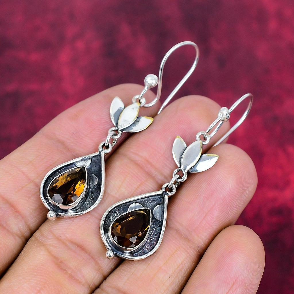 Rökig Topas Handgjorda Ädelstensörhängen, 925 Massiv Sterling Silver Örhängen Antika Smycken, För Förlovningspresent