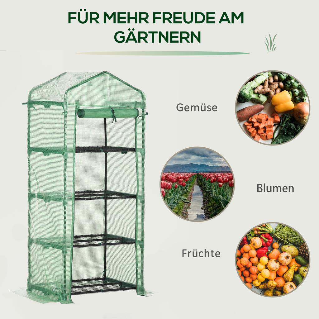 4 Tier Mini Portable Greenhouse Compact Plant Grow Shed Metal Frame PE Cover with Lockable Rolling Wheels, Green
