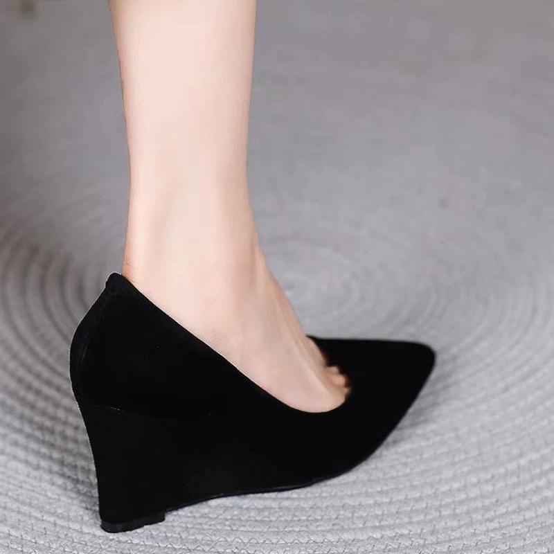 Wedge heel single shoes women's new high heels bow soft sole comfortable long standing not tired feet black work shoes summer
