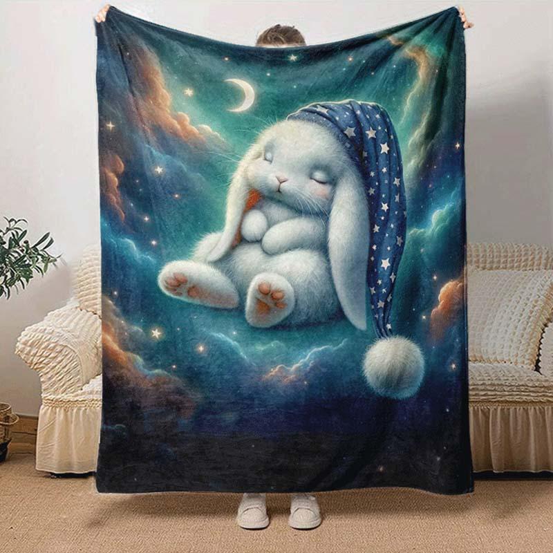 1pc Rabbit Printing Lightweight Flannel Blanket, Comfortable and Warm Blanket, for Camping Sofa Bed and Couch Office, in All Seasons