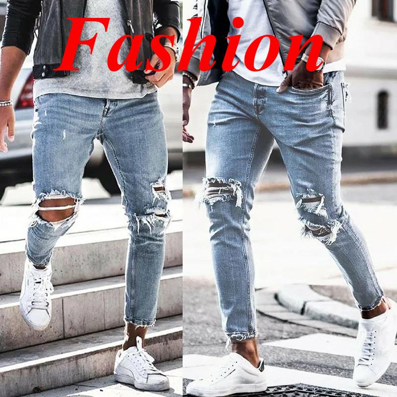 Pantalones vaqueros de estilo hip hop para hombre, nuevos, ajustados, vintage, con agujeros, de color liso, lavados y rotos, a la moda
