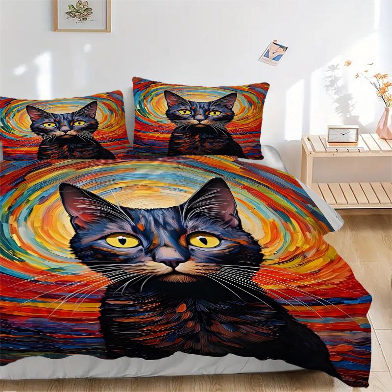 

3PCs Colorful Cat Art Design Cover Set, Breathable Fabric, Machine Washable (1 Duvet Cover + 2 Pillowcases) (Without Quilt) yy250911073 135x200cm