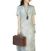 Damenkleid im chinesischen Stil mit Bambusdruck und V-Ausschnitt, A-Linie
