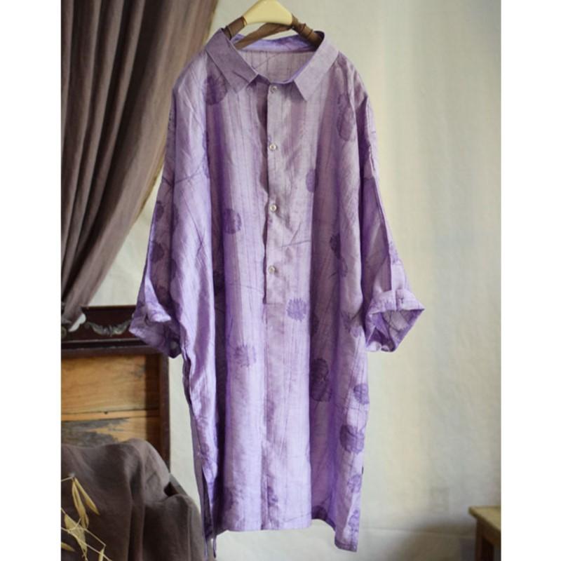 Johnature Women Vintage Jacquard Shirts Tops Turn-down Collar Seven Sleeve Cloths Summer Loose Mid-length Shirts