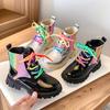 Trendy Girls Rainbow Zip Ankle Boots Sparkly Non Slip Rubber Sole Lace Up Colorful Shoelaces Fall Winter Princess Style