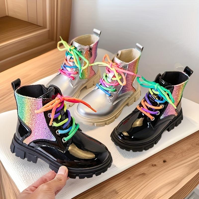 Trendy Girls Rainbow Zip Ankle Boots Sparkly Non Slip Rubber Sole Lace Up Colorful Shoelaces Fall Winter Princess Style