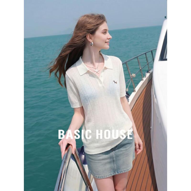Basic House Women s Embroidered Dog Tencel Linen Polo Shirt L