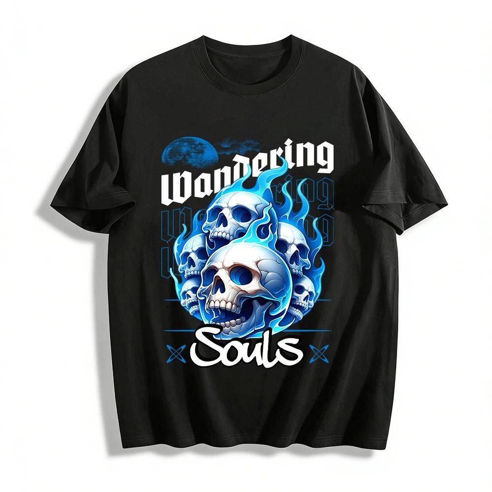 

Blue Flame Skull Souls Print Trendy Loose Casual Short Sleeve Pure cotton T-shirt XXS