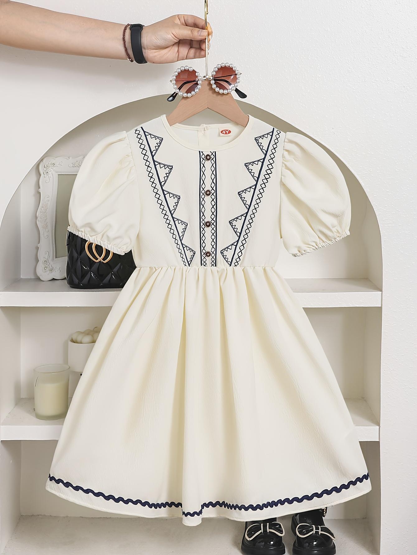 Girls Puff Sleeve Embroidery Dress, Summer Vintage Casual Dress 4Y