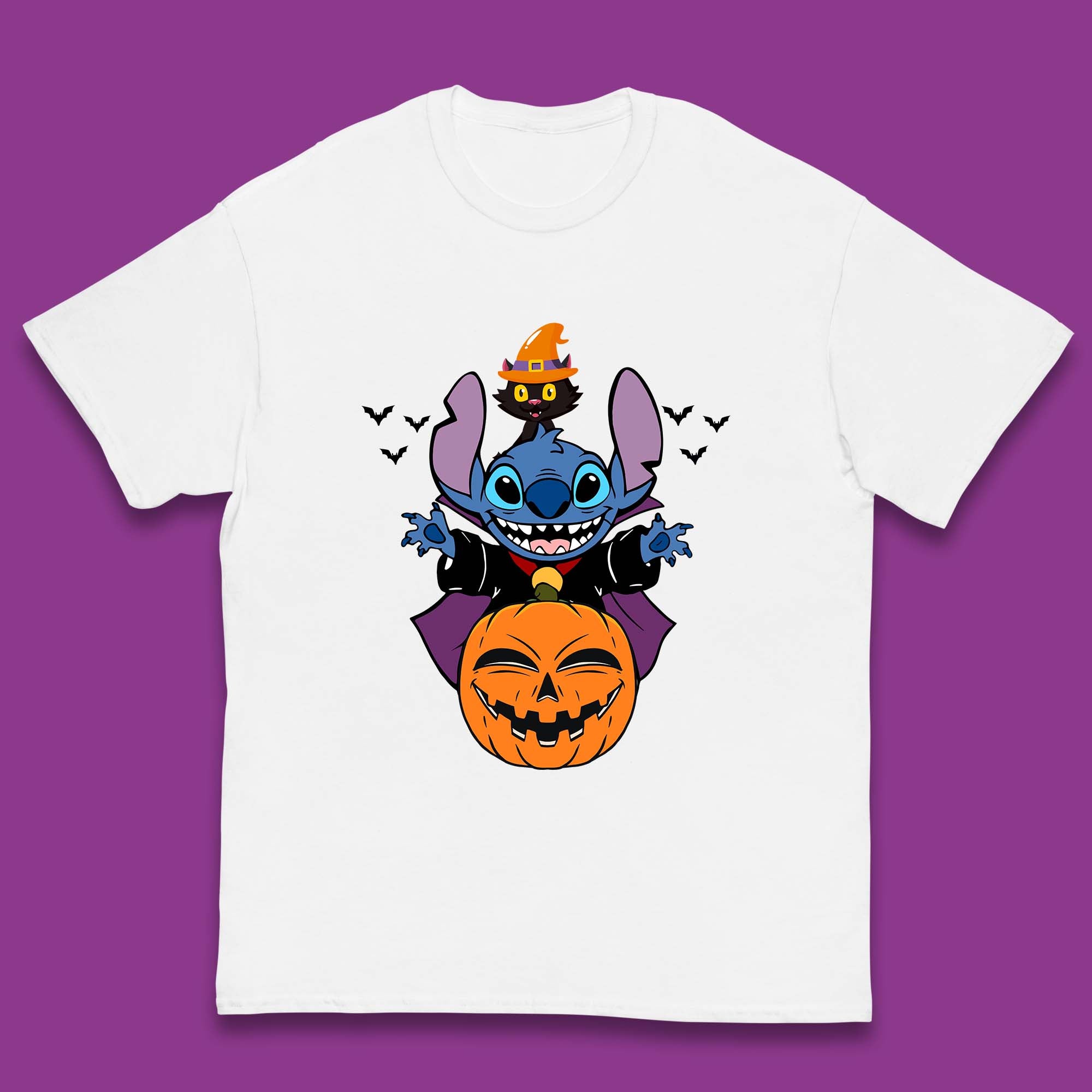 

Disney Halloween Pumpkin Devil Stitch With Black Cat Horror Scary Disney Lilo & Stitch Kids T Shirt 150