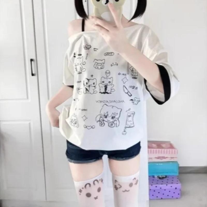 2KWEIRD Y2K Summer Top Off Shoulder Cartoon Print Short Sleeve Loose Versatile Japanese Style for Women
