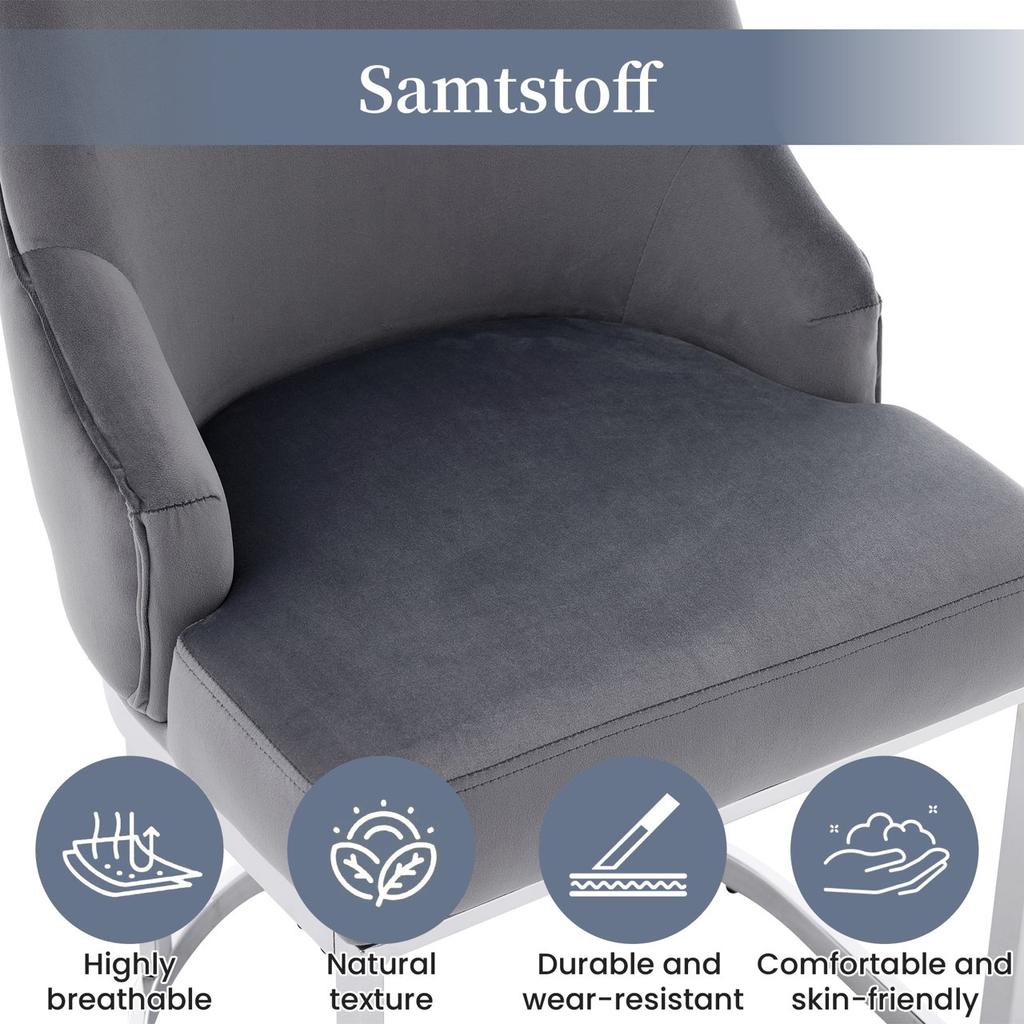 4 Dining chairs, comfortable and breathable, suitable for restaurants, living rooms, cafés, modern style, silver-plated legs, velvet, gray + silver