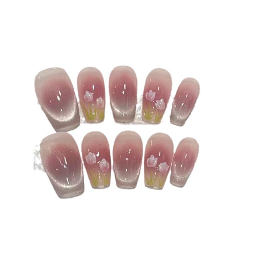 Wearing Argent Summer Fresh Cat Eye French Blush Tulip Wearable Manicure Removable Nail Plate