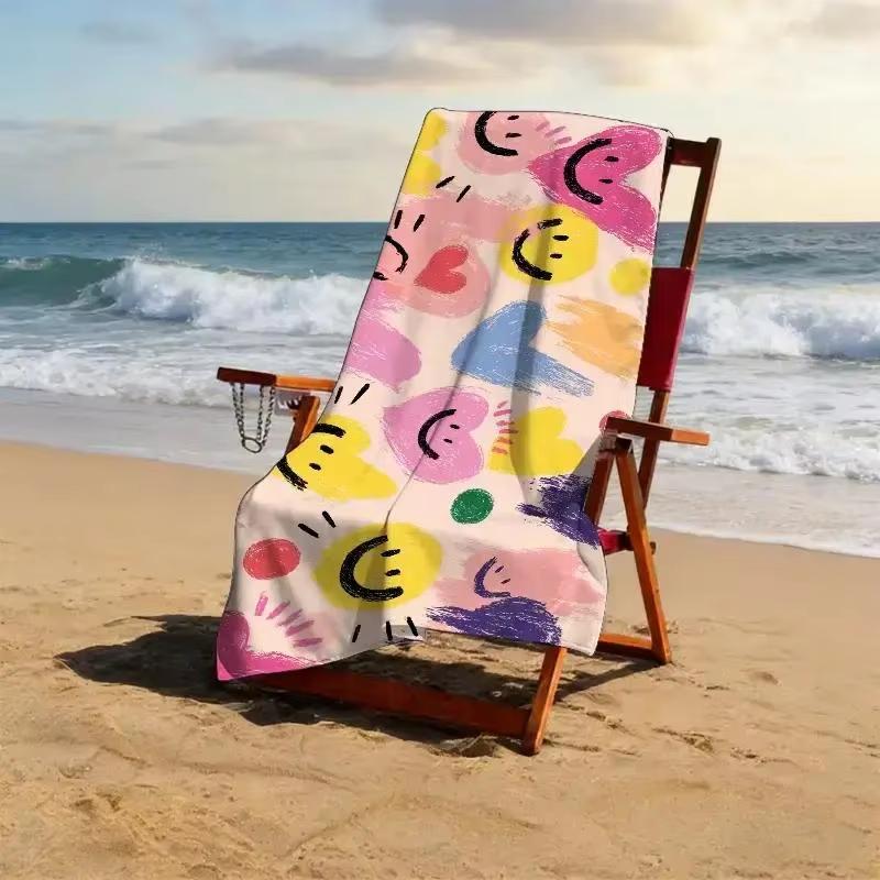 Lampada White Painted Smiley Face Absorbent Quick Dry Beach Towel Soft Multi-Size Flat Print Design For Swimming Pool Camping Vacation