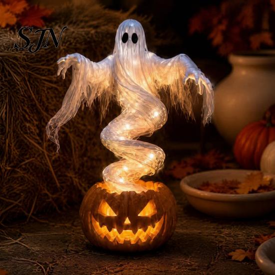 Decorative Lighted Autumn Sculptures Halloween Swirling Ghost Pumpkin Yard Lamp, Spooky Outdoor Holiday Lawn Accents Statue, Warm LED Decoration