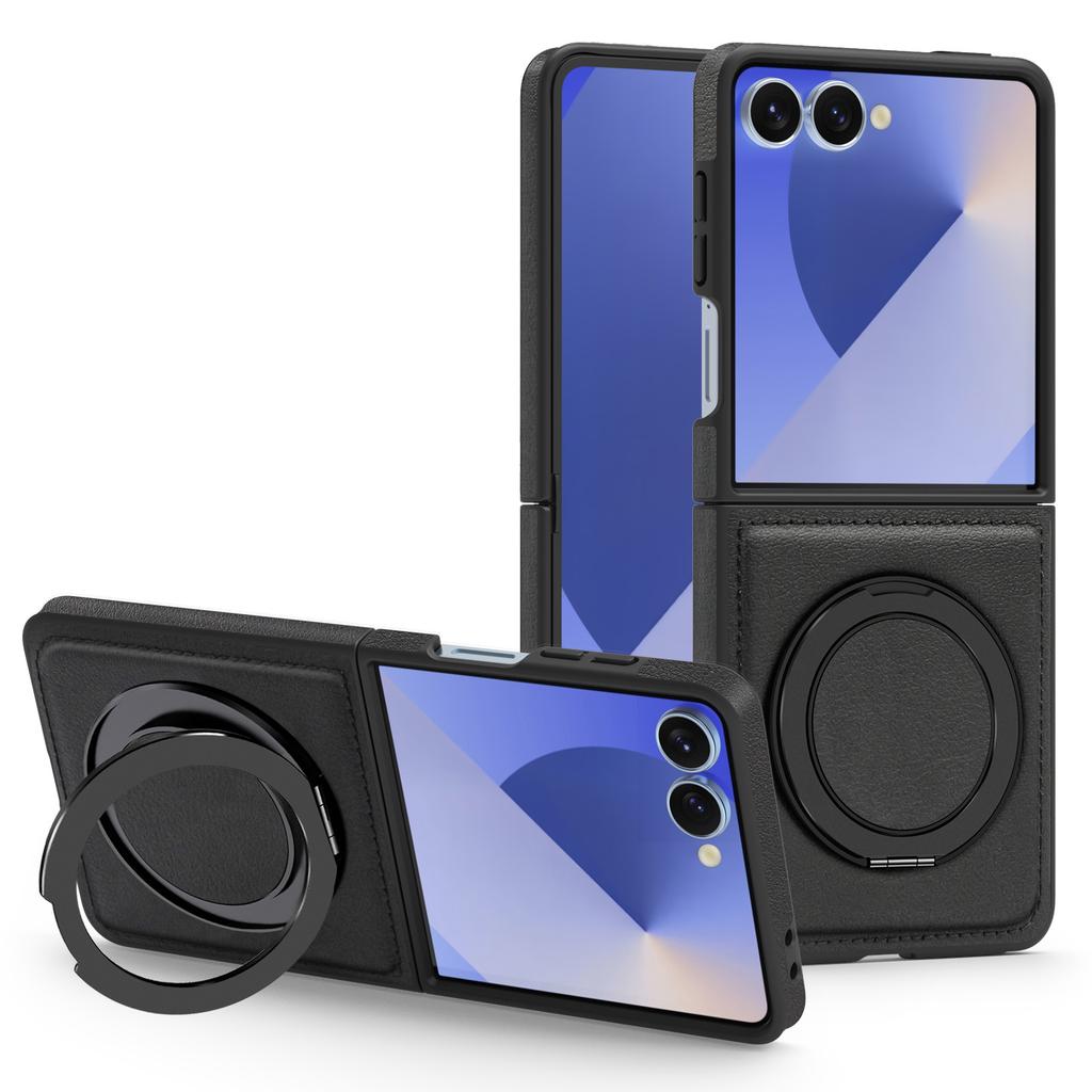 For Samsung Galaxy Z Flip7 5G Case with Ring Kickstand Compatible with MagSafe PU Leather Back Cover